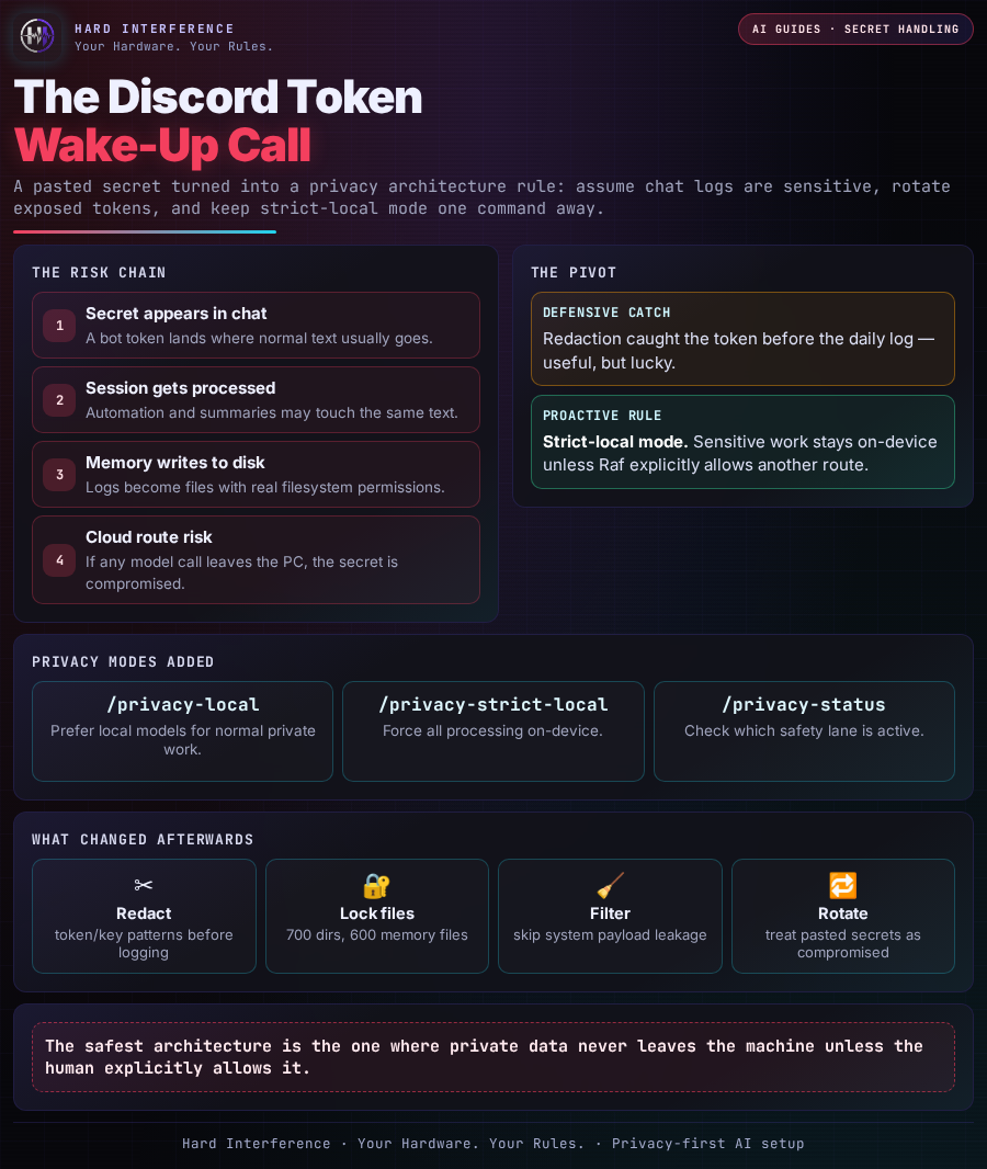 Discord token wake-up call — secret handling risk chain and strict-local privacy response